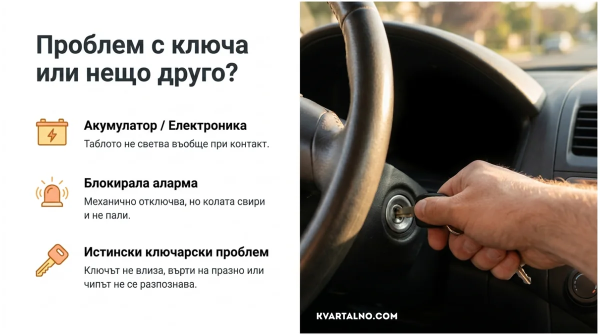 Инфографика как да различите проблем с ключа от акумулатор, аларма или електроника