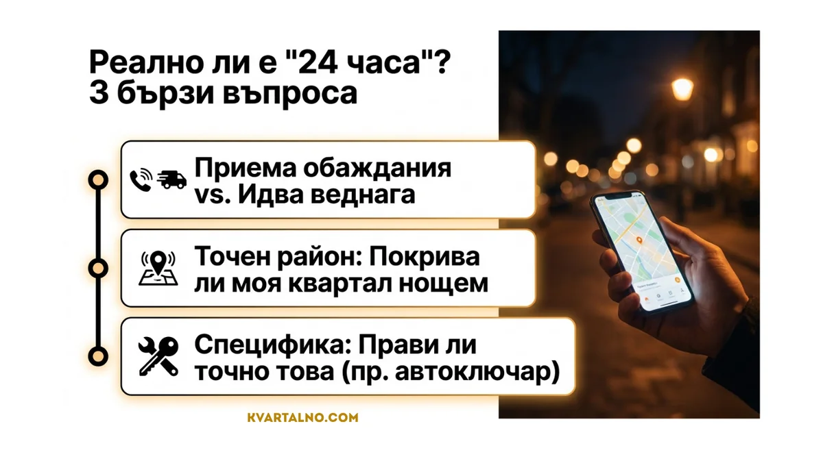 Инфографика с три въпроса за проверка дали денонощен ключар реално работи 24 часа