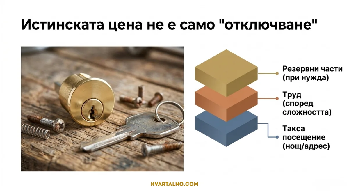 Инфографика за формиране на цена при ключар: посещение, труд и резервни части