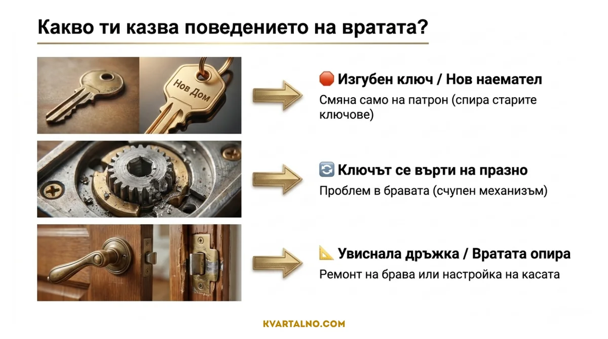 Инфографика как поведението на вратата насочва към смяна на патрон, брава или ремонт